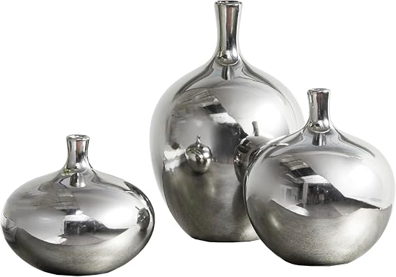 Madison Park Signature Ansen Ceramic Handmade Vase Set Home Decor - Metallic Accent Living Room Decoration Ideal for Shelf, Side Table, Mantle Ornaments, Multi Size, Silver 3 Piece