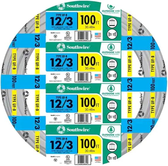 Southwire 13058323 Romex SIMpull 12/3Uf-Wgx100 Type Uf-B Building Wire, 12/3, 100 Ft, Pvc, 100-Foot