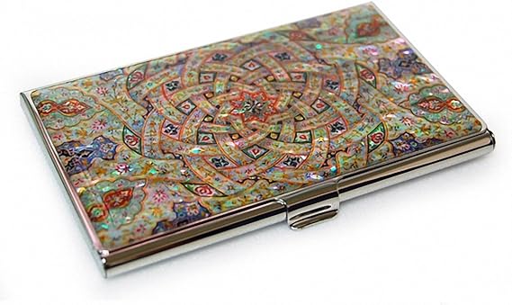 Antique Alive Mother of Pearl Arabesque Design Business Credit Name Id Card Case Holder Metal Stainless Steel Engraved Slim Purse Pocket Cash Money Wallet