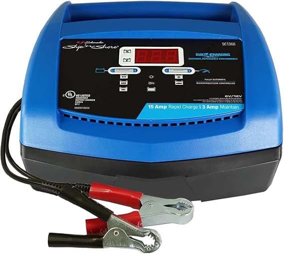 Schumacher Electric Ship n Shore 15A Car Battery Charger and Maintainer, 4-in-1 Solution, Battery Tester, for 6V/12V Power Sport, Automotive, and Marine Batteries, SC1360