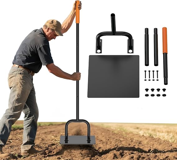 Effort-Saving Ergonomic Garden U-Shaped Steel Tamper, 10 x 10 Inch, 3 Sections, 57 Inch Length, with Rubber Grip, for Compacting Soil, Gravel, Asphalt and Driveways, Garden Landscaping Tools