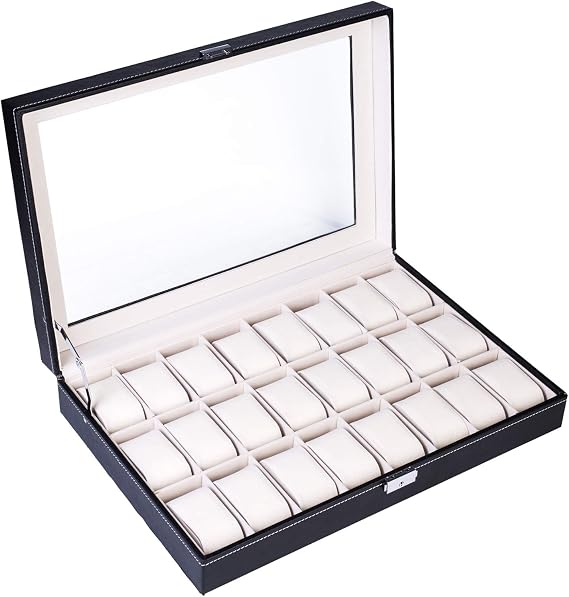 Watch Box 24 Slot Elegant Portable Black Watch Collection Box Case Organizer for Storage Display Holds Watches Jewelry for Men & Women