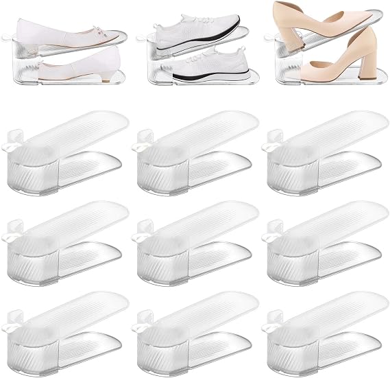 12 Pack Shoe Slot Organizer, Shoe Stackers for a Pair of Shoes, Adjustable Double Layer Stack Shoe Racks Space Saver, Storage Clear Shoe Holder for Closet Organization
