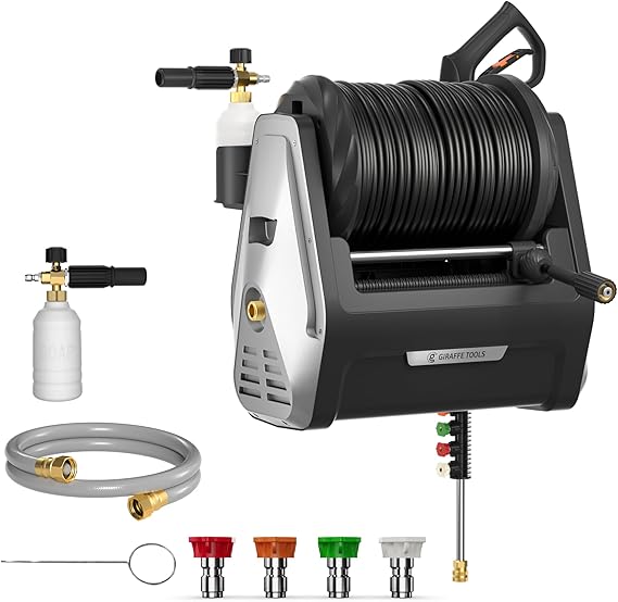 Giraffe Tools Wall Mounted Pressure Washer Essential 100FT with 1800W Motor | 2900 PSI 2.2 GPM Electric Power Washer with Retractable Hose, Automatic Rewind, 4 Nozzles, Foam Cannon for Cars/Fences/Patios