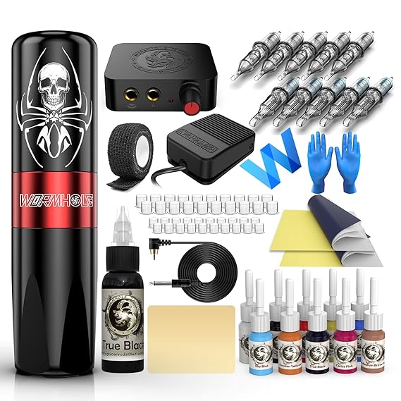 Tattoo Kit, Wormhole Tattoo Gun Kit Tattoo Machine Kit with Tattoo Gun 11 Tattoo Inks 10 Cartridge Needles, Power Supply for Beginners WTK187