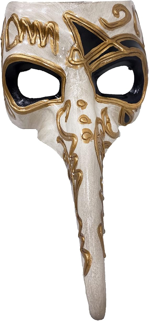 Loftus International Plague Doctor Venetian Long Nose Mask, White W Gold & Black Accents, 9" Long Novelty Item