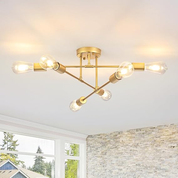 Gold 6-Light Sputnik Ceiling Light, Semi Flush Mount for Living Room