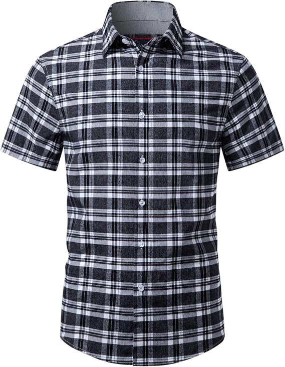 Mens Plaid Button Down Shirts Cotton Short Sleeve Dress Shirts Lightweight Casual Dress Shirts