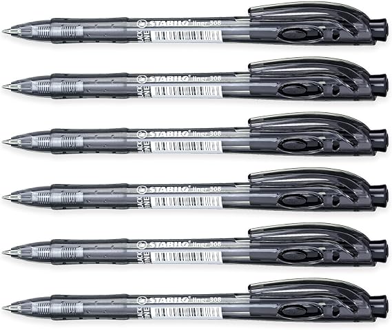 STABILO liner - Retractable Ballpoint Pen - Fine - Pack of 6 (Black)