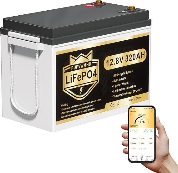 12V 320Ah Lithium LiFePO4 Battery, Built-in Smart 200A BMS, Up to 15000 Cycles, 4096Wh-Higher Energy Density, Perfect for Solar Energy Storage, Backup Power, RV, Camping, Off-Grid System