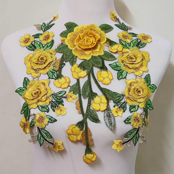 3 Pcs Clothing Accessories Embroidery Lace Manual Sewing DIY Cloth Paste Jeans Paste Cloth Flower Garment Decoration (Yellow)