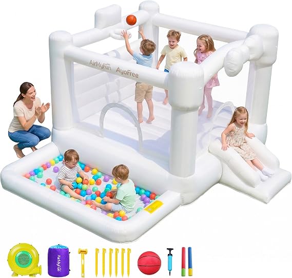 AirMyFun White Inflatable Bounce House for Kids 8-12 Years Old Indoor Outdoor Playground with Water Slide, Small