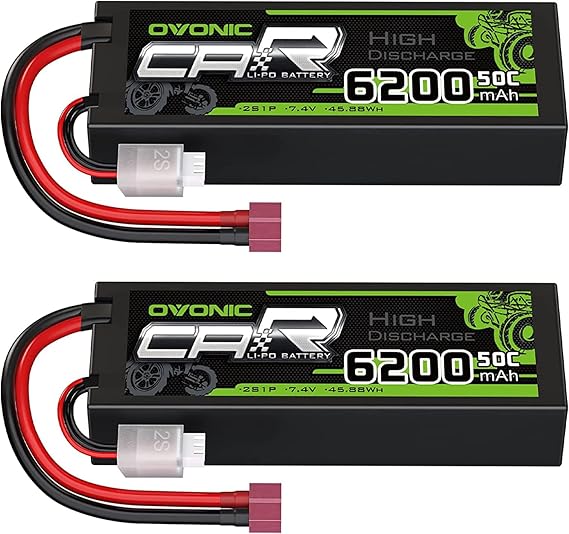 OVONIC 2S Lipo Battery 50C 6200mAh 7.4V Lipo Battery with Dean-Style T Connector for 1/8 1/10 RC Car Truck Boat Vehicles(2 Packs)