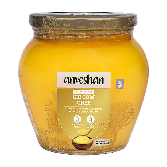 Anveshan A2 Gir Cow Ghee| 16.8 Fl. Oz/ 500ml | Grass-Fed | Pasture-Raised | Gut Friendly | Keto Friendly | High Smoke Point | Sustainably Sourced | Casein Free | Clarified Butter