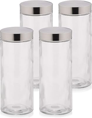 kela Bera 390172 Set of 4 Glass Storage Jars with 1810 Stainless Steel Lid, Round, 2.2 L