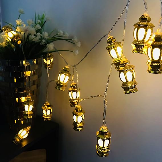 Ramadan String Lights Palace LED Light Lamp Eid Mubarak Fairy Lights Decor for Garden Wedding Birthday Ramadan Muslim Islam Party (9.8FT/20 LED, Golden Plastic Lantern String Lights-Warm white)
