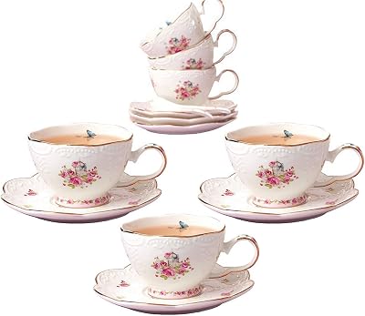 Jusalpha 7 Oz Porcelain Tea Sets Flower Series Tea Cup and Saucer Set-Coffee Cup Set with Saucer and Spoon FD-TCS11 Set of 6