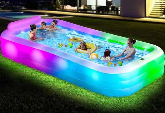 Large Inflatable Pool with Lights - 145'' X 74'' X 22'', Thickened Blow Up Pool with Seats & Backrest for Adults, 7 Color Big Swimming Pool for Family Water Party Backyard Summer