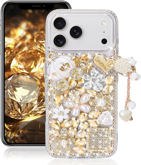 Guppy for iPhone 17 Pro Max Bling Glitter Case, 3D Luxury Diamond Rhinestone Gemstone 3D and Flower Gemstone Pumpkin Car Tower Pendant Pearl Soft TPU Back Cover Case for Women-Gold