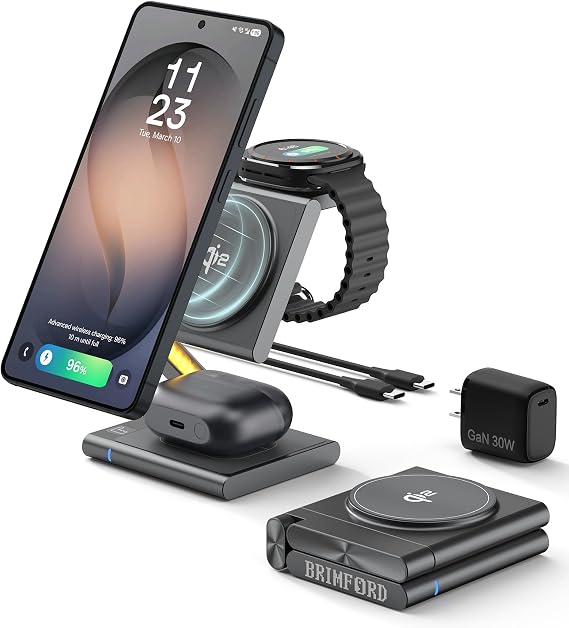 4 in 1 Wireless Charging Station for Samsung, Foldable Aluminum Magnetic Charger with LED Light for Samsung Galaxy S25/Ultra/S24/S23/S22, Galaxy Watch 8/7/6/5, Galaxy Buds/Pro