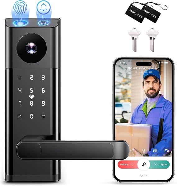 Smart Lock with Camera & Doorbell, 3-in-1 Keyless Entry Door Lock with Handle, Built-in WiFi Camera Smart Lock for Front Door, Fingerprint, Keypad Code, App Control, Auto Lock