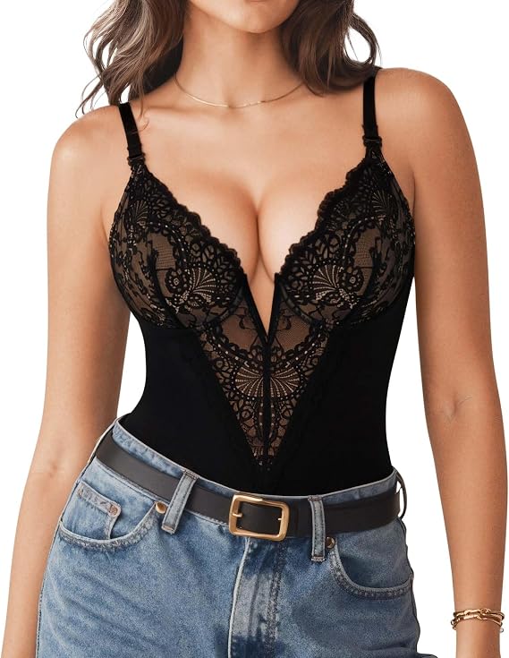 Popilush Shapewear Bodysuits for Women Lace Corset Tops Tummy Control V Neck Sleeveless Body Suit Thongs