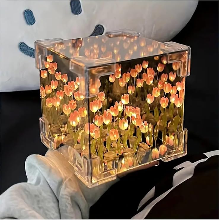 Store Sonsuz Lale Aynalı Gece Lambası, 12 x 12 cm, Pembe, Demonte, 3 Mod (Hızlı Yanıp Sönen, Yavaş Yanıp Sönen, Sabit Işık)