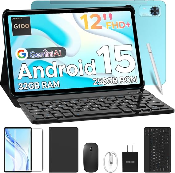 Tab E3+ 12 inch Tablet with Keyboard, 2.4K & 90 Hz Display, Helio G100 Octa-Core Gaming Tablet with Gemini AI, 7.6mm Metal Body, 8800mAh, 32GB+256GB/TF 2TB, Tablet with Pen, Mouse & Case