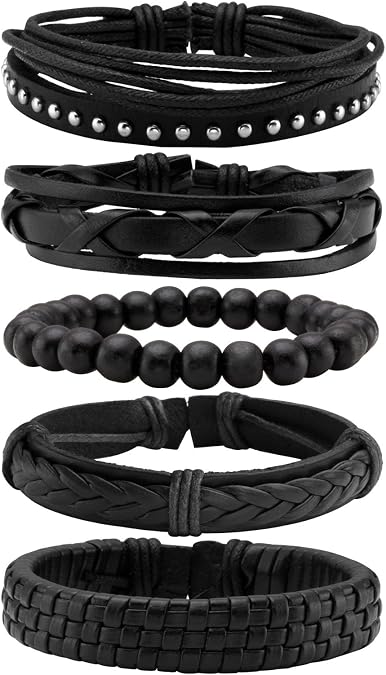 Braided Black Leather Bracelet for Men and Women Wooden Beads Bracelet Adjustable