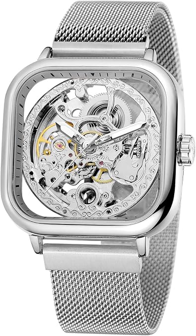 Men's Automatic Self Winding Watch Luxury Superb Skeleton Technology Unique Style Square Wrist Watch with Stainless Steel Bracelet