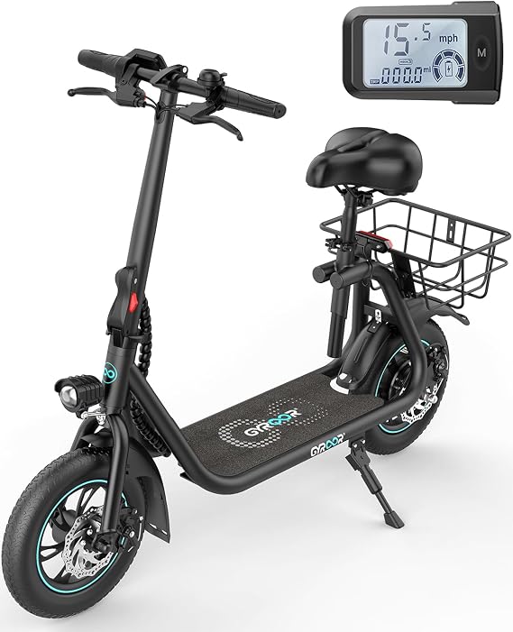 Gyroor Electric Scooter for Adults with Seat, 20/25 Miles Range 450W Motor up to 15.5/18.6 MPH Speed LCD Display, Electric Scooter with Basket
