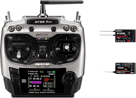 Radiolink AT9S Pro 10/12 Channels 2.4G RC Radio Transmitter and Receiver R12DS Long Range for FPV Racing Drone/Quad/Fixed Wing and More (Grey Mode 2 Left Hand)