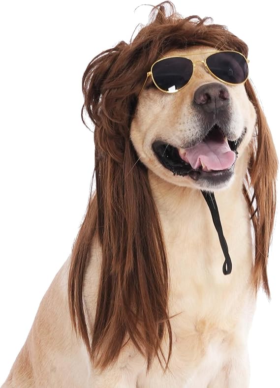 Dog Mullet Wig and Sunglasses Pet Rocker Halloween Costume Outfit | Retro 70s 80s Disco Costume for Medium Large Dogs;Curly Brown Long Wig;Punk Dog Sunglasses;Dog Hair Accessory Photo Prop
