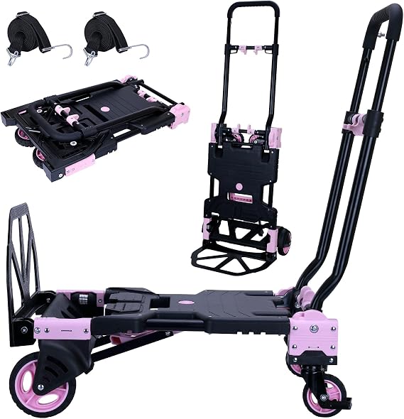 2 in 1 Folding Hand Truck,330LB Folding Dolly Cart with Wheels,Hand Truck Foldable with Telescoping Handle,Collapsible Portable Dolly with 2 Elastic Ropes for Moving(Pink)