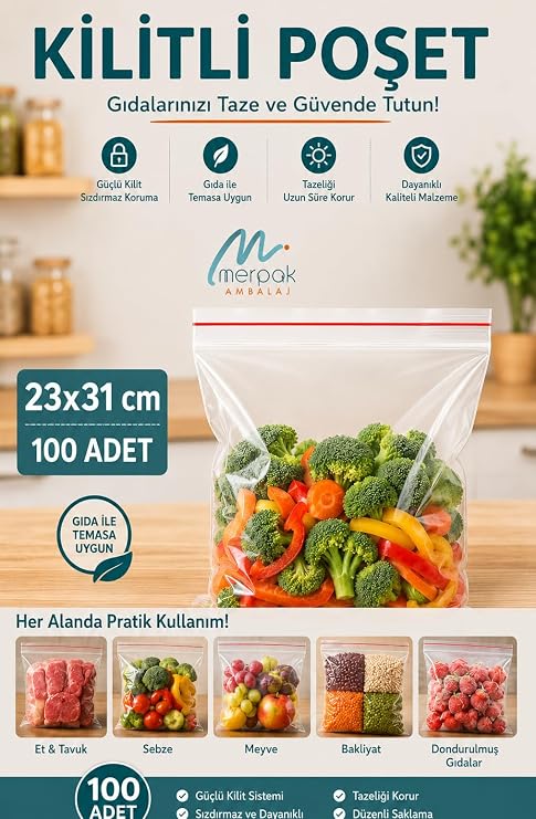 Kilitli Torba Şeffaf Kilitli Poşet Tüm Ebatlar 100'lü (23x31 cm)