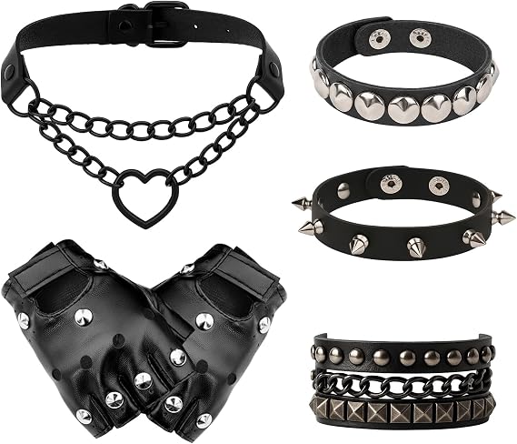 Punk and Goth Clothing Accessories Set: 5 Piece Emo Style Kit with Black Choker, Studded Bracelets and Leather Fingerless Gloves