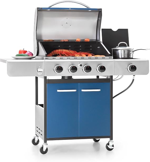 Captiva Designs Propane Gas BBQ Grill with Side Burner, 4 Burner, Blue