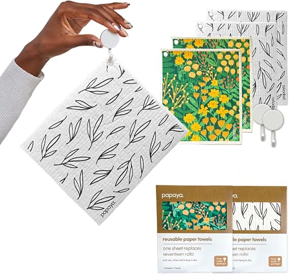 Papaya Swedish Dishcloths for Kitchen, 4 Reusable Paper Towels, 2 Hooks