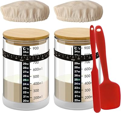 2Pcs Sourdough Starter Kit, 34 OZ Sourdough Starter Jar with Date Marked Feeding Band, Thermometer, Cloth Cover & Metal Lid, Reusable Sourdough Bread Baking Supplies, Home Baking Supplies 2