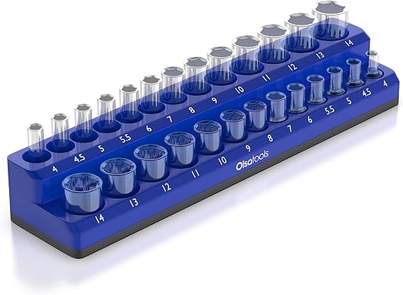 Olsa Tools Magnetic Socket Organizer 1/4-Inch Drive Metric, Blue | 2-Row Magnetic Socket Holder, Holds 26 Sockets, Fits Regular Sockets, Professional-Grade Tool Box Organizer, Part: 1072