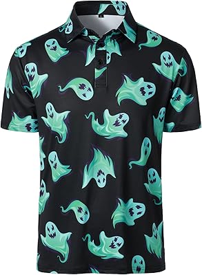 HOOD CREW Mens Short Sleeve Polo Shirt Fun Pumpkins Ghost Printed Halloween Shirt Costume T-Shirts