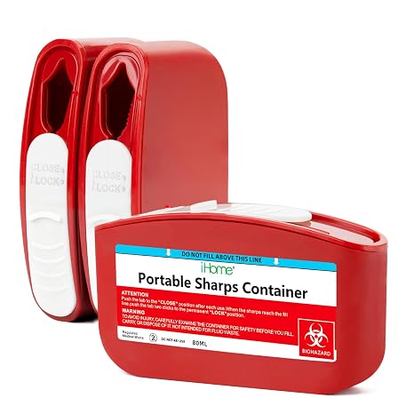 iHome Portable 3 Pack Sharps Container for Travel and Home Use, Mini Container for Needles Disposal Small Sharps Box