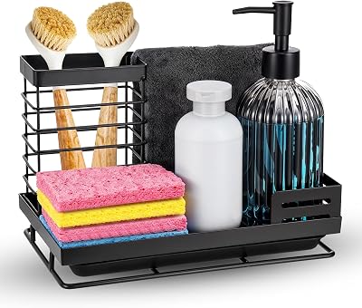 Kitchen Sink Caddy Organizer, Stainless Steel Sponge Holder With Removable Drain Tray for Brush, Soap, Scrubber, Dishcloth - Sink Accessories