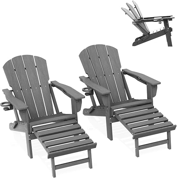 LOUNZY Folding Adjustable Adirondack Chair with Retractable Ottoman Set of 2,HDPE Recliner Adirondack Chair with Cup Holder for Deck Lawn Fire Pit,Grey