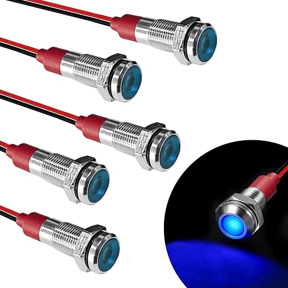 5PCS 6MM 1/4" LED Indicator Light, AC/DC 12-24V Waterproof IP66 Metal Signal Lamp, Metal Indicator with 145mm Wire, Automotive LED Indicator Light Replacement for Cars Trucks Boats (Blue)