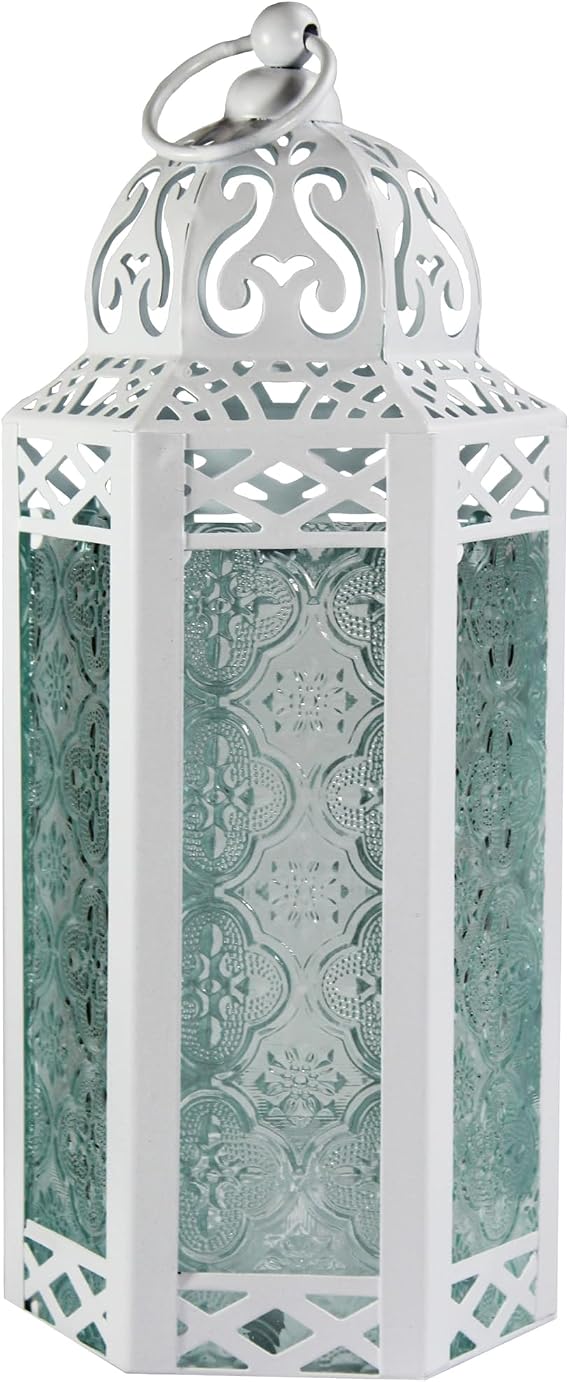 VELA LANTERNS White Moroccan Candle Lantern Decorative Candle Holder Lamp for Table or Hanging, Ramadan Decorations, Indoor Home Decor, Outdoor Patio or Porch, Weddings, Clear Glass, Medium