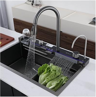 Waterfall Kitchen Sink, Digital Display,Dual Waterfall Outlets,Kitchen Faucet With Pull Down Sprayer,304 Stainless Steel Workstation Sink With Water Filter Faucet,Chopping Board And Cup Washer