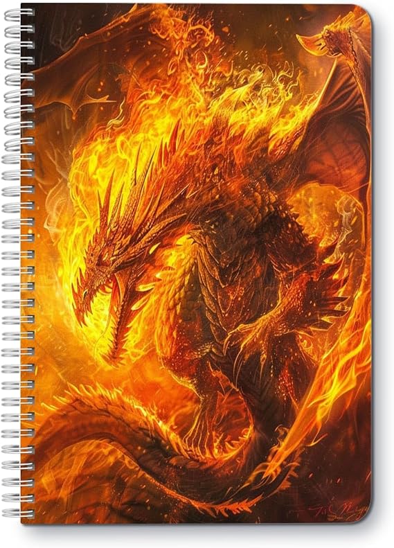 Spiral Notebook,Double-Wire Spiral College Lined Journal Composition School,College & Office Supplies,100 Pages,5.71x 8.26 in - Fantasy Painting of Enormous Majestic Dragon Made Out of Fire