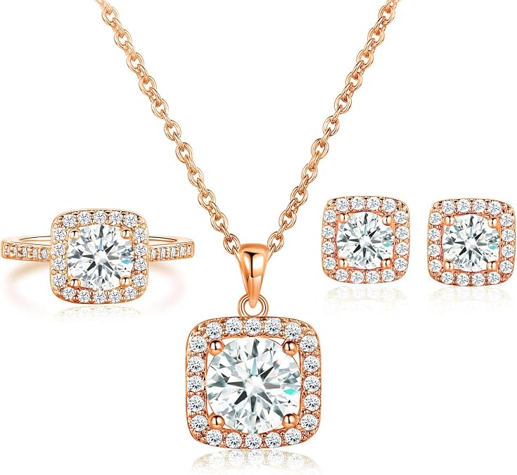 Gemsme Jewelry Set for Women, 18K Rose Gold Plated Halo Cubic Zirconia Necklace/Earrings/Rings Wedding Hypoallergenic Jewelry Three-in-One