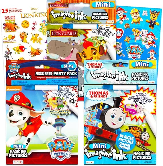 Imagine Ink Coloring Book Set for Toddlers Kids - 3 Magic Ink Books Featuring Paw Patrol, Thomas the Train, Lion Guard with Invisible Ink Pens and Stickers (Mess Free Coloring)